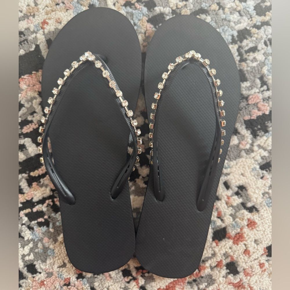 Black Flip-Flops with Rhinestone Detailing
